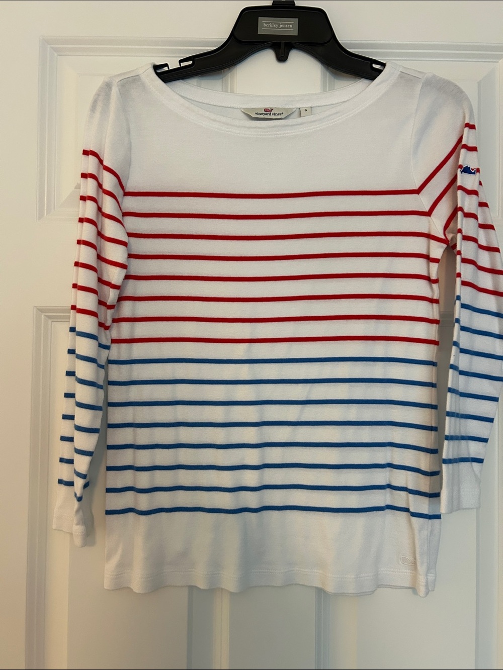 Vineyard Vines White Long-Sleeve Tee with Red & Blue Stripes